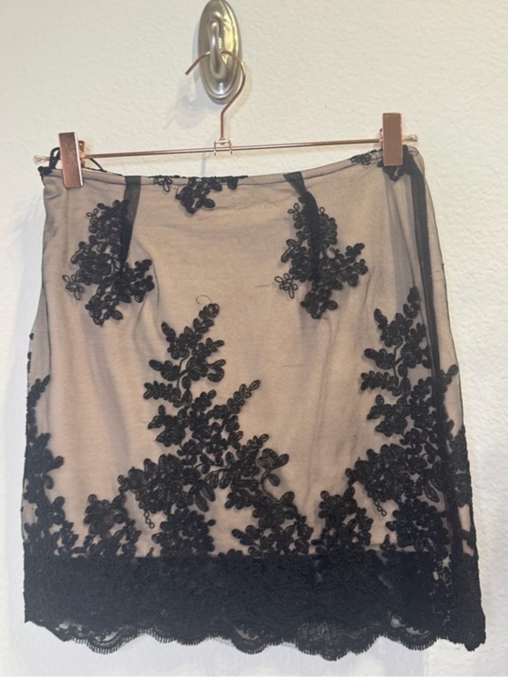 LF Black Lace Overlay Mini Skirt with Nude Underlay